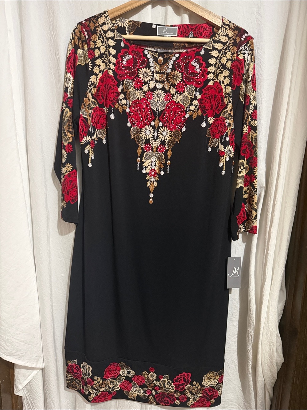 JM Collection Black Long Sleeve Dress with Red & Gold Embroidery